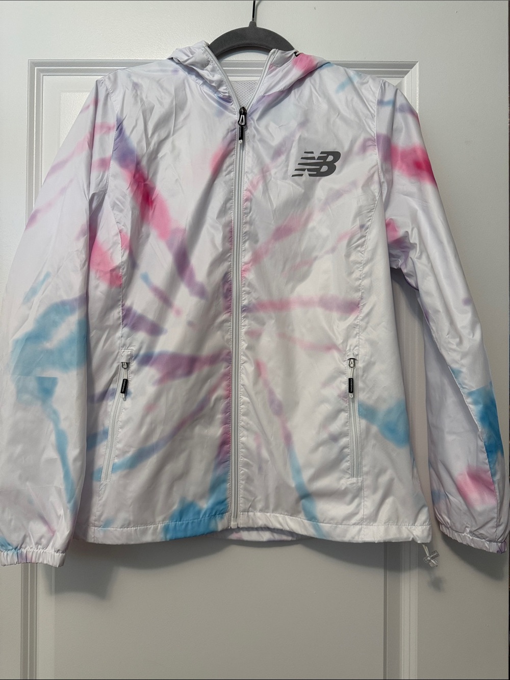 New Balance White Tie-Dye Hooded Windbreaker with Pink, Purple & Blue Accents